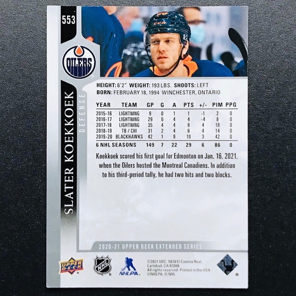 Slater Koekkoek - 2020-21 Upper Deck #553 - Picture 2 of 2